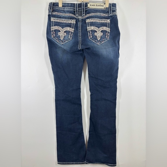 Rock Revival MidRise Urban Red Boot Embroidered Embellished Blue White Jeans 28 - Picture 2 of 6
